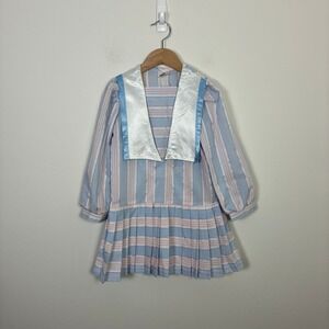 Vintage Winnie the Pooh Girls 6X Sailor Dress Blue Pink Striped Pleated Retro